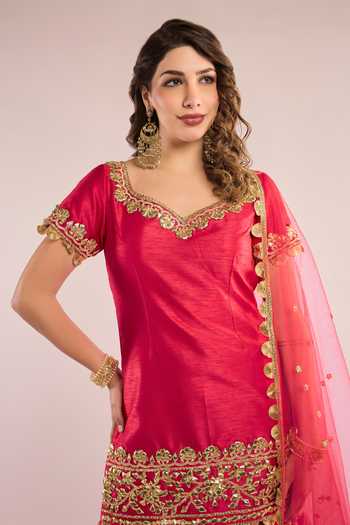 Shop Saina Kapoor Pink Dupion, Net Sweetheart Neck, Yes Embroidered Kurta Gharara Set Online at Aza Fashions Shop_Saina Kapoor_Pink Dupion, Net Sweetheart Neck, Yes Embroidered Kurta Gharara Set _Online_at_Aza_Fashions