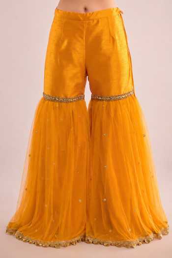 Shop Saina Kapoor Yellow Dupion, Net Square Neck, Yes Sequin Embroidered Kurta Gharara Set Online at Aza Fashions Shop_Saina Kapoor_Yellow Dupion, Net Square Neck, Yes Sequin Embroidered Kurta Gharara Set _Online_at_Aza_Fashions