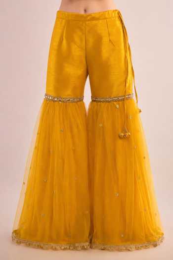 Shop Saina Kapoor Yellow Dupion, Net Square Neck Border Embroidered Kurta Gharara Set Online at Aza Fashions Shop_Saina Kapoor_Yellow Dupion, Net Square Neck Border Embroidered Kurta Gharara Set _Online_at_Aza_Fashions