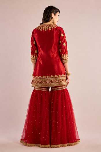 Shop Saina Kapoor Maroon Dupion, Net Round Neck, Yes Floral Embroidered Kurta Gharara Set at Aza Fashions Shop_Saina Kapoor_Maroon Dupion, Net Round Neck, Yes Floral Embroidered Kurta Gharara Set _at_Aza_Fashions