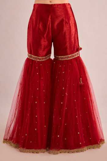 Buy Saina Kapoor Maroon Dupion, Net Round Neck, Yes Floral Embroidered Kurta Gharara Set Online at Aza Fashions Buy_Saina Kapoor_Maroon Dupion, Net Round Neck, Yes Floral Embroidered Kurta Gharara Set _Online_at_Aza_Fashions