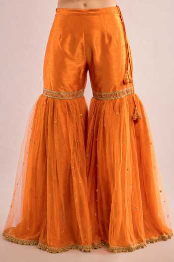 Buy Saina Kapoor Orange Dupion, Net Keyhole Neck, Yes Yoke Embroidered Kurta Gharara Set Online at Aza Fashions Buy_Saina Kapoor_Orange Dupion, Net Keyhole Neck, Yes Yoke Embroidered Kurta Gharara Set _Online_at_Aza_Fashions