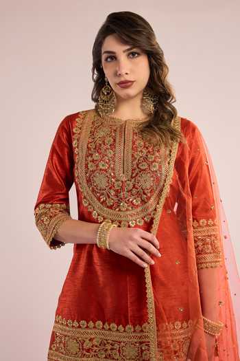 Shop Saina Kapoor Orange Dupion, Net Keyhole Neck Yoke Embellished Kurta Gharara Set Online at Aza Fashions Shop_Saina Kapoor_Orange Dupion, Net Keyhole Neck Yoke Embellished Kurta Gharara Set _Online_at_Aza_Fashions
