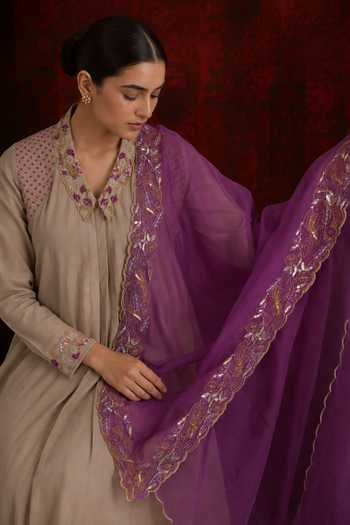 Neelu And Manvi_Beige Cotton, Organza, Muslin V-neck, Yes Gathered Anarkali Palazzo Set _Online_at_Aza_Fashions