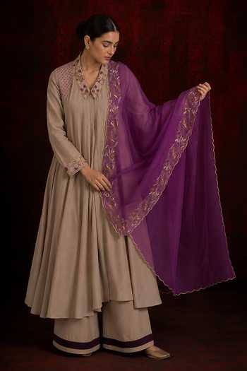 Buy_Neelu And Manvi_Beige Cotton, Organza, Muslin V-neck, Yes Gathered Anarkali Palazzo Set _Online_at_Aza_Fashions