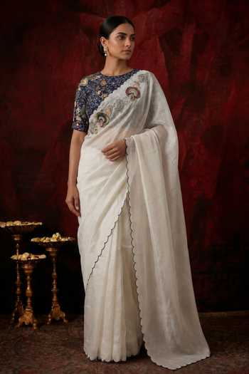 Neelu And Manvi_Navy Silk, Tissue Round Neck Scallop Border Saree With Blouse _Online_at_Aza_Fashions