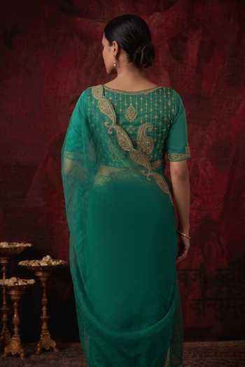 Buy_Neelu And Manvi_Emerald Green Silk, Organza V-neck Paisley Border Saree And Blouse _Online_at_Aza_Fashions