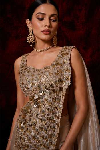 Neelu And Manvi_Gold Tissue Square Neck Fish Cut Skirt Set _Online_at_Aza_Fashions
