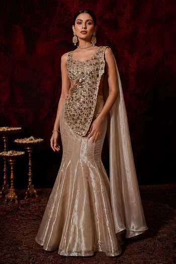 Buy_Neelu And Manvi_Gold Tissue Square Neck Fish Cut Skirt Set _Online_at_Aza_Fashions