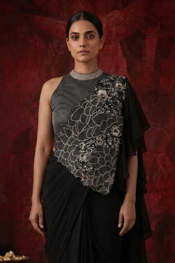 Neelu And Manvi_Black Silk, Georgette High Neck Pre-draped Saree With Embroidered Blouse _Online_at_Aza_Fashions