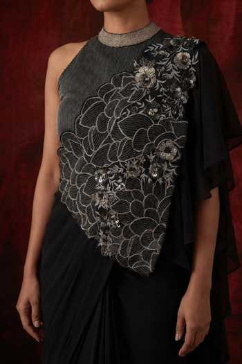 Buy_Neelu And Manvi_Black Silk, Georgette High Neck Pre-draped Saree With Embroidered Blouse _Online_at_Aza_Fashions
