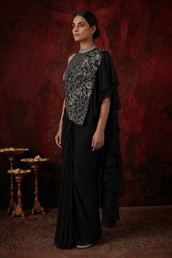 Shop_Neelu And Manvi_Black Silk, Georgette High Neck Pre-draped Saree With Embroidered Blouse _Online_at_Aza_Fashions