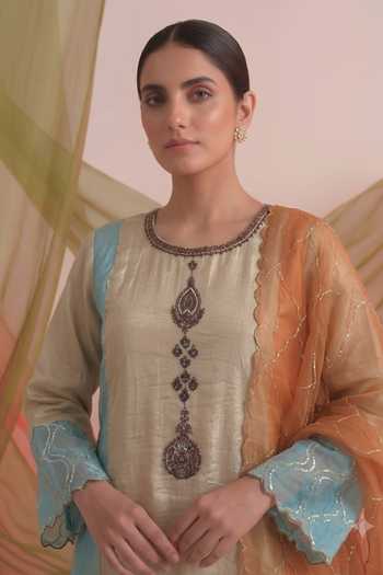 Neelu And Manvi Gold Organza, Tissue Round Neck Kurta Pant Set Online at Aza Fashions Neelu And Manvi_Gold Organza, Tissue Round Neck Kurta Pant Set _Online_at_Aza_Fashions