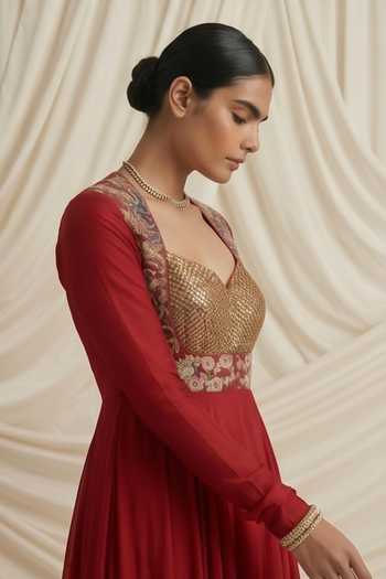 Neelu And Manvi Red Chinon Sweetheart Neck, Yes Ruby Royale Anarkali With Dupatta Online at Aza Fashions Neelu And Manvi_Red Chinon Sweetheart Neck, Yes Ruby Royale Anarkali With Dupatta _Online_at_Aza_Fashions