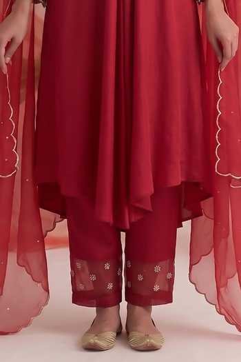 Neelu And Manvi_Red Organza, Georgette, Satin V-neck Embroidered Kurta Pant Set _Online_at_Aza_Fashions