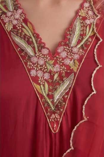 Shop_Neelu And Manvi_Red Organza, Georgette, Satin V-neck Embroidered Kurta Pant Set _Online_at_Aza_Fashions