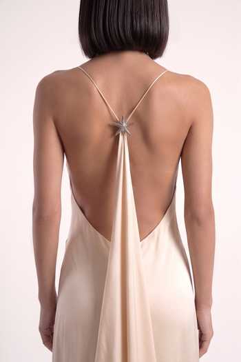Buy_Pinup By Astha_Off White Georgette, Satin Brooches Cowl Neck Backless Draped Gown _Online_at_Aza_Fashions