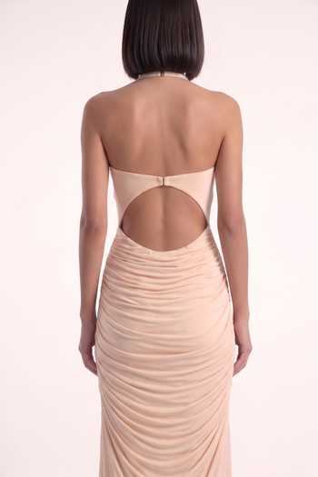 Pinup By Astha Off White Lycra Halter Neck Razor Cut Sculpted Gown Online at Aza Fashions Pinup By Astha_Off White Lycra Halter Neck Razor Cut Sculpted Gown _Online_at_Aza_Fashions