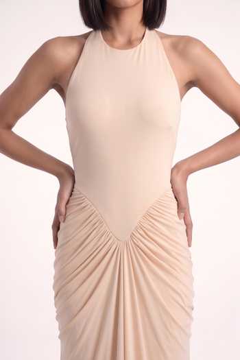 Buy Pinup By Astha Off White Lycra Halter Neck Razor Cut Sculpted Gown Online at Aza Fashions Buy_Pinup By Astha_Off White Lycra Halter Neck Razor Cut Sculpted Gown _Online_at_Aza_Fashions