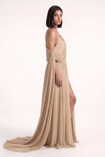 Pinup By Astha Beige Chiffon One Shoulder Cowl Gown Online at Aza Fashions Pinup By Astha_Beige Chiffon One Shoulder Cowl Gown _Online_at_Aza_Fashions