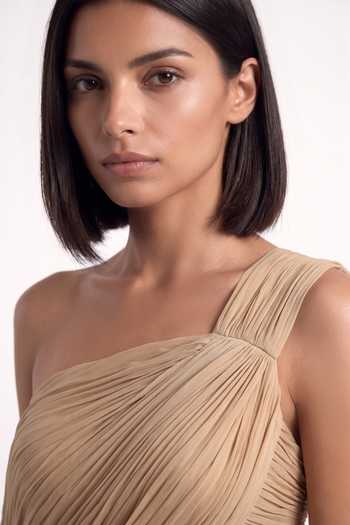 Shop Pinup By Astha Beige Chiffon One Shoulder Cowl Gown Online at Aza Fashions Shop_Pinup By Astha_Beige Chiffon One Shoulder Cowl Gown _Online_at_Aza_Fashions