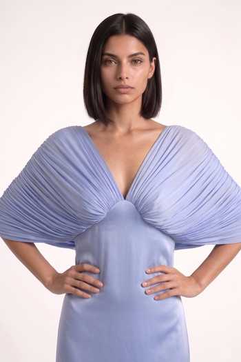 Pinup By Astha Blue Georgette, Satin, Lycra V-neck Arms Draped Gown Online at Aza Fashions Pinup By Astha_Blue Georgette, Satin, Lycra V-neck Arms Draped Gown _Online_at_Aza_Fashions