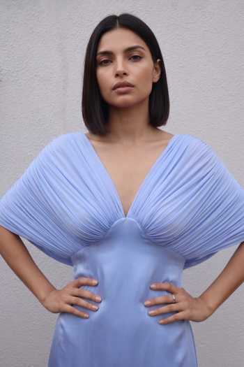 Buy Pinup By Astha Blue Georgette, Satin, Lycra V-neck Arms Draped Gown Online at Aza Fashions Buy_Pinup By Astha_Blue Georgette, Satin, Lycra V-neck Arms Draped Gown _Online_at_Aza_Fashions