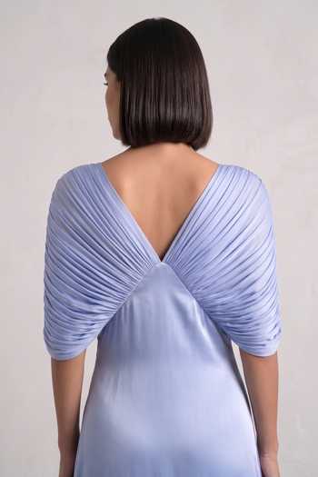 Shop Pinup By Astha Blue Georgette, Satin, Lycra V-neck Arms Draped Gown Online at Aza Fashions Shop_Pinup By Astha_Blue Georgette, Satin, Lycra V-neck Arms Draped Gown _Online_at_Aza_Fashions