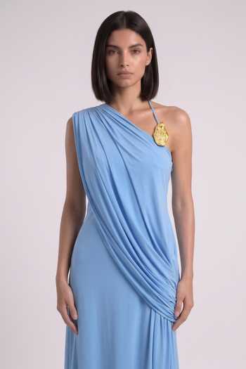 Buy Pinup By Astha Blue Lycra Brooches One Shoulder Draped Gown Online at Aza Fashions Buy_Pinup By Astha_Blue Lycra Brooches One Shoulder Draped Gown _Online_at_Aza_Fashions