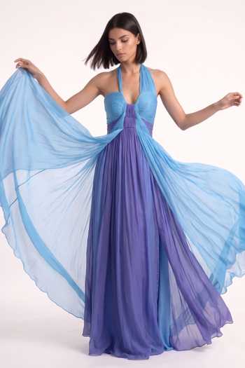 Shop Pinup By Astha Blue Chiffon Halter Neck Draped Gown Online at Aza Fashions Shop_Pinup By Astha_Blue Chiffon Halter Neck Draped Gown _Online_at_Aza_Fashions