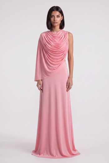 Pinup By Astha Pink Lycra Cowl Neck Backless Draped Gown Online at Aza Fashions Pinup By Astha_Pink Lycra Cowl Neck Backless Draped Gown _Online_at_Aza_Fashions