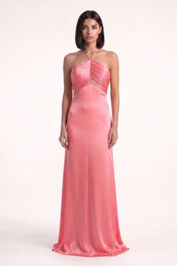 Pinup By Astha_Pink Georgette, Satin Tassels Halter Neck Back Draped Gown _Online_at_Aza_Fashions
