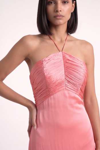 Buy_Pinup By Astha_Pink Georgette, Satin Tassels Halter Neck Back Draped Gown _Online_at_Aza_Fashions