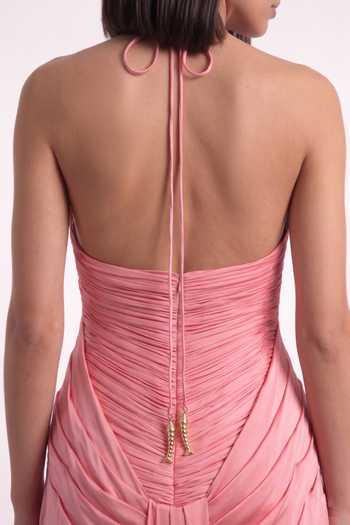 Shop_Pinup By Astha_Pink Georgette, Satin Tassels Halter Neck Back Draped Gown _Online_at_Aza_Fashions