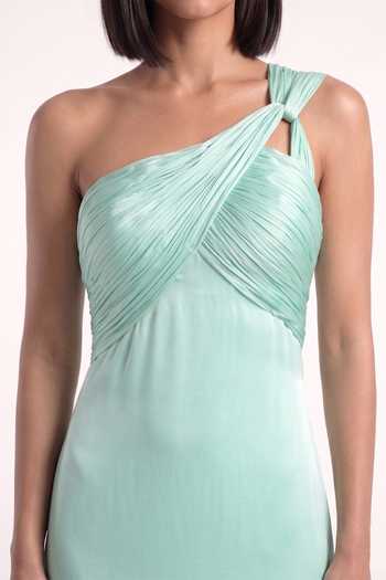 Buy Pinup By Astha Green Georgette, Satin One Shoulder Knotted Gown Online at Aza Fashions Buy_Pinup By Astha_Green Georgette, Satin One Shoulder Knotted Gown _Online_at_Aza_Fashions