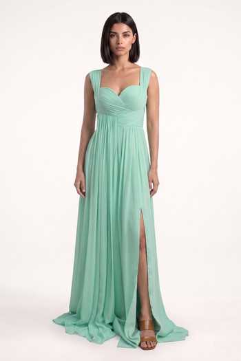 Pinup By Astha Green Chiffon Sweetheart Neck Mint Pleated Gown Online at Aza Fashions Pinup By Astha_Green Chiffon Sweetheart Neck Mint Pleated Gown _Online_at_Aza_Fashions