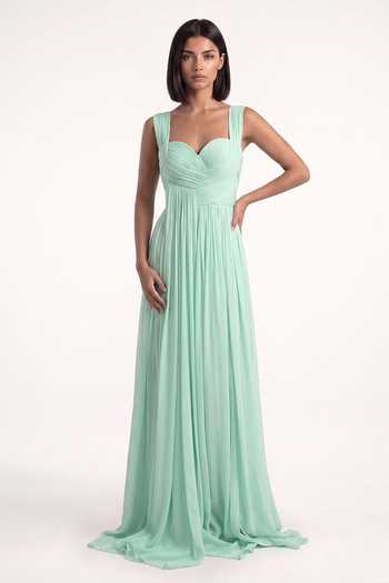 Pinup By Astha Green Chiffon Sweetheart Neck Mint Pleated Gown at Aza Fashions Pinup By Astha_Green Chiffon Sweetheart Neck Mint Pleated Gown _at_Aza_Fashions