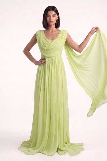 Shop Pinup By Astha Green Chiffon Cowl Neck Draped Gown Online at Aza Fashions Shop_Pinup By Astha_Green Chiffon Cowl Neck Draped Gown _Online_at_Aza_Fashions
