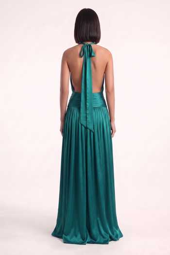 Pinup By Astha Teal Halter Neck Gown 