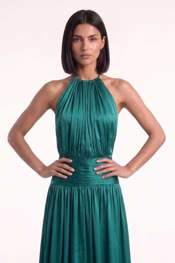 Pinup By Astha Green Georgette, Satin Halter Neck Teal Gown Online at Aza Fashions Pinup By Astha_Green Georgette, Satin Halter Neck Teal Gown _Online_at_Aza_Fashions