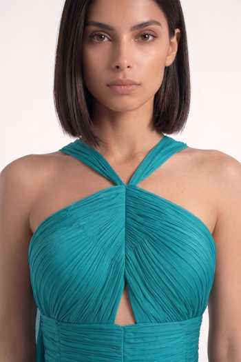 Shop Pinup By Astha Green Chiffon Halter , Keyhole Sculpted Ruched Bodice Gown Online at Aza Fashions Shop_Pinup By Astha_Green Chiffon Halter , Keyhole Sculpted Ruched Bodice Gown _Online_at_Aza_Fashions
