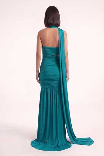 Pinup By Astha Teal Draped Lycra Gown 
