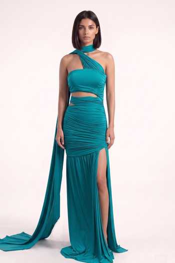 Pinup By Astha Teal Draped Lycra Gown 