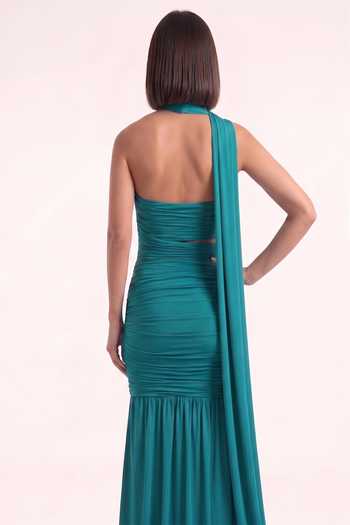 Pinup By Astha Green Lycra Halter Neck Teal Draped Gown Online at Aza Fashions Pinup By Astha_Green Lycra Halter Neck Teal Draped Gown _Online_at_Aza_Fashions