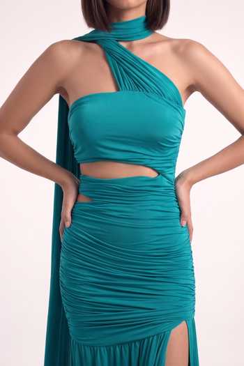 Buy Pinup By Astha Green Lycra Halter Neck Teal Draped Gown Online at Aza Fashions Buy_Pinup By Astha_Green Lycra Halter Neck Teal Draped Gown _Online_at_Aza_Fashions