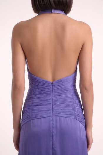 Pinup By Astha Purple Georgette, Satin, Chiffon Halter Neck Ruched Pleated Backless Gown Online at Aza Fashions Pinup By Astha_Purple Georgette, Satin, Chiffon Halter Neck Ruched Pleated Backless Gown _Online_at_Aza_Fashions