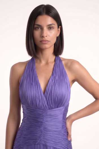 Buy Pinup By Astha Purple Georgette, Satin, Chiffon Halter Neck Ruched Pleated Backless Gown Online at Aza Fashions Buy_Pinup By Astha_Purple Georgette, Satin, Chiffon Halter Neck Ruched Pleated Backless Gown _Online_at_Aza_Fashions