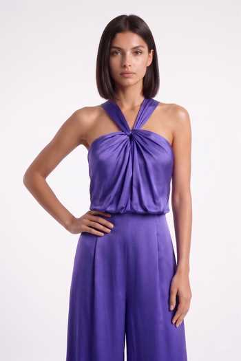 Pinup By Astha Purple Georgette, Satin Halter Neck Deep Jumpsuit Online at Aza Fashions Pinup By Astha_Purple Georgette, Satin Halter Neck Deep Jumpsuit _Online_at_Aza_Fashions