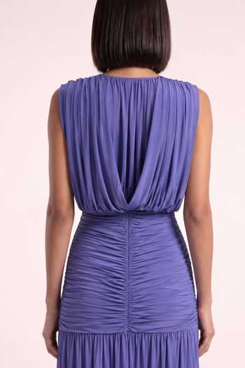 Pinup By Astha Purple Lycra V-neck Sculpted Pleated Gown Online at Aza Fashions Pinup By Astha_Purple Lycra V-neck Sculpted Pleated Gown _Online_at_Aza_Fashions