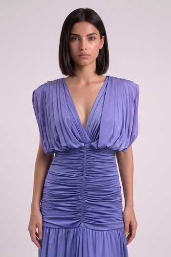 Buy Pinup By Astha Purple Lycra V-neck Sculpted Pleated Gown Online at Aza Fashions Buy_Pinup By Astha_Purple Lycra V-neck Sculpted Pleated Gown _Online_at_Aza_Fashions